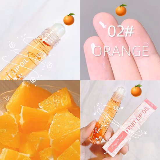 Rollerlipolie met sinaasappelprint, nummer 02. Heldere oranje tint. De textuur is glanzend en licht.