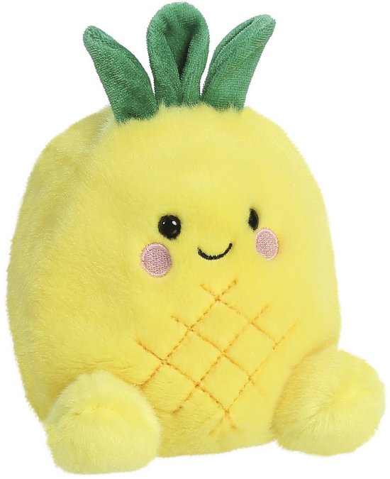 Peluche ananas jaune avec des feuilles vertes, des yeux joyeux, des joues roses et un motif en losange.
