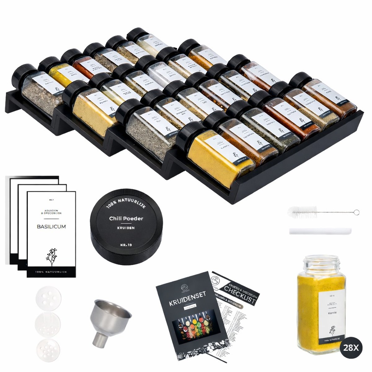 Organess Kruidenrek met 28 Kruidenpotjes - Kruidenrek Lade - Kruiden Organizer - Keukenlade organiser- Complete Set - 4 Stuks - Zwart