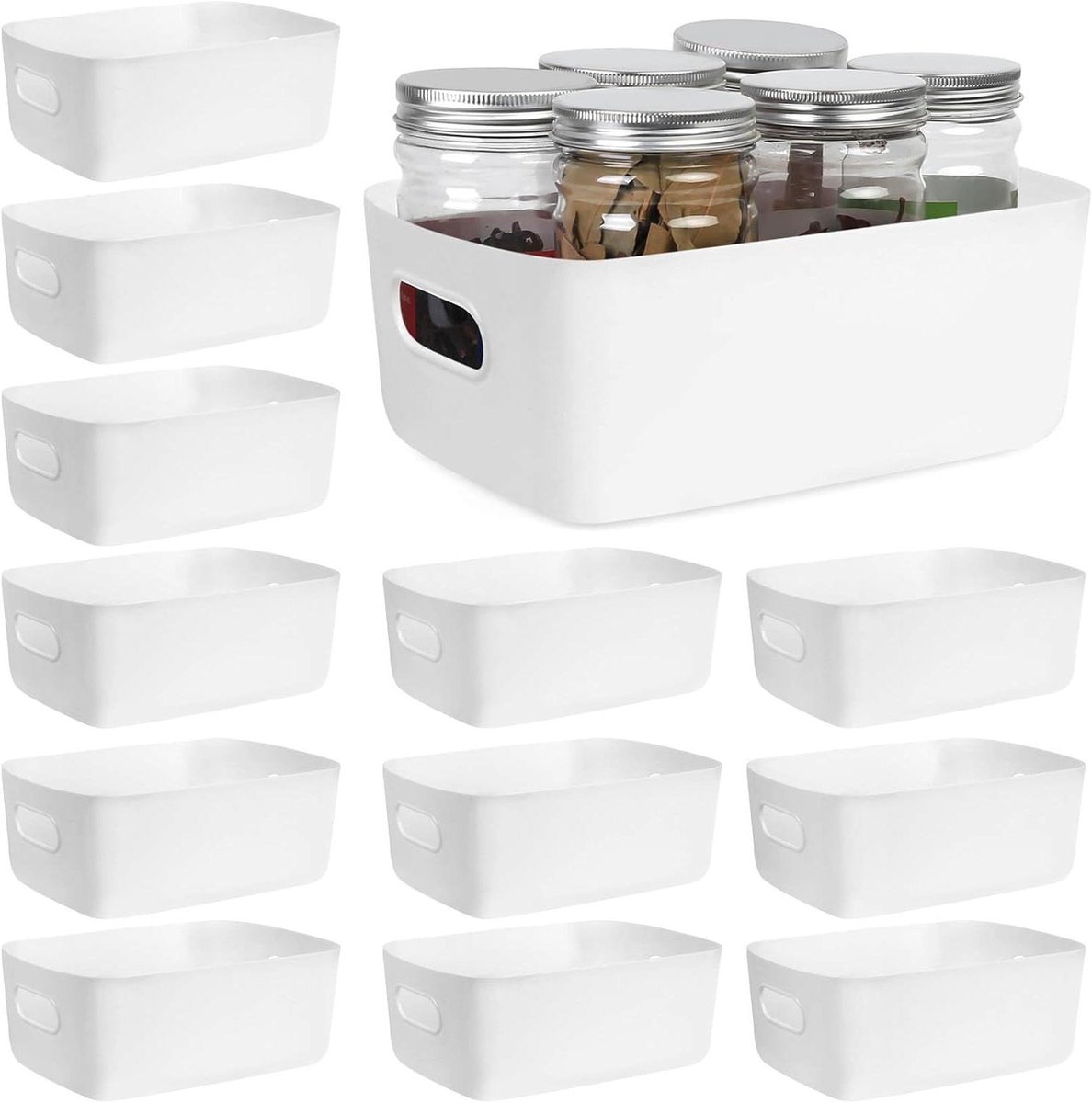 Opbergdozen met handgrepen, wit, voor keuken en kantoor, set van 12 stuks.