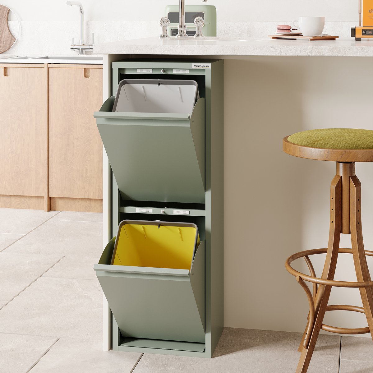 Prullenbak Afvalscheiding 30 Liter (2x15L) - 2 Vakken met Gedempte Klep - Groen | Veehaus® Allen
