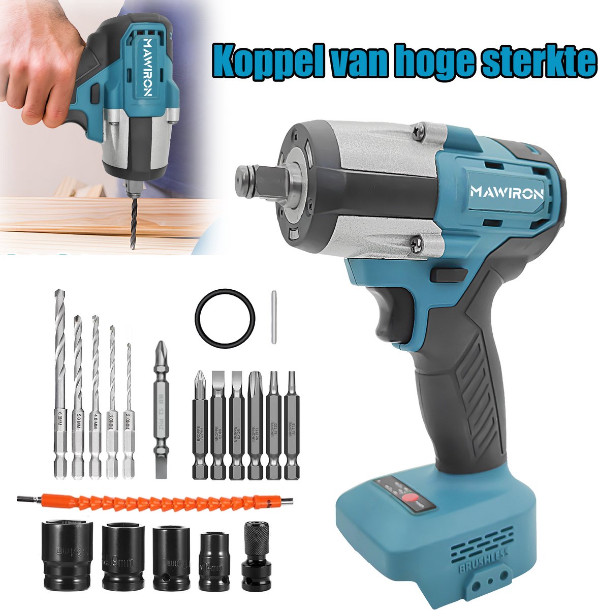 Slagmoersleutel, 2 snelheden (0-2300 RPM, 0-3200 RPM), slagpistool, slagmoersleutel, slagmoersleutelaandrijving, zonder accu