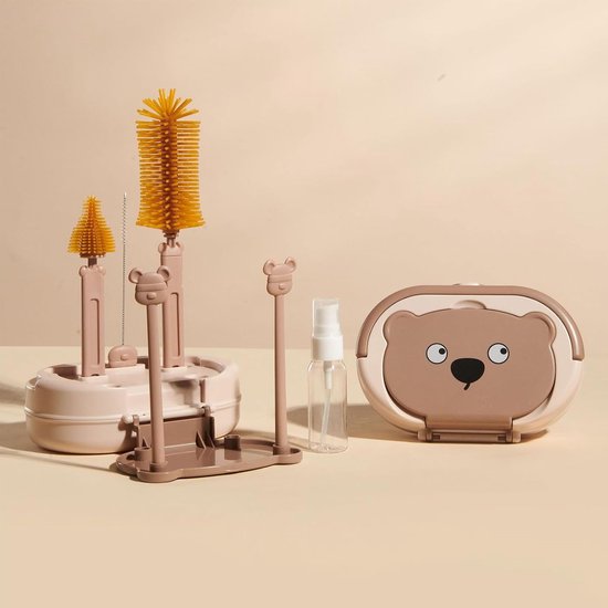 Flessenborstel Baby - Babyfles Schoonmaakset - Reisset - BPA vrij - Baby Flessenborstel - Siliconen - 7-in-1 - Flessenborstel - vaste basis - Geschikt voor Glazen, Theepotten, Buizen, Brooddozen En Spenen - Bruin van Flessenborstel Baby — afbeelding 4