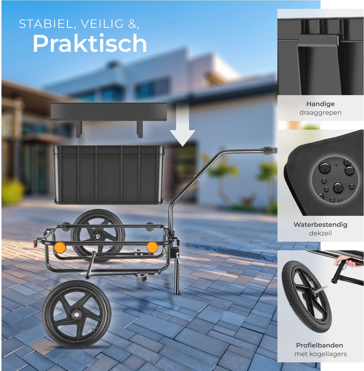 tectake® 2-in-1 Fietskar - Bagagekar en Duwwagen - Fietsaanhanger - Aanhangwagen voor Fiets, Mountainbikes en eBike - Transportwagen met Trekhaak - Met Koppeling, Zeildoek en Luchtbanden - Belastbaar tot 50kg – foto 5