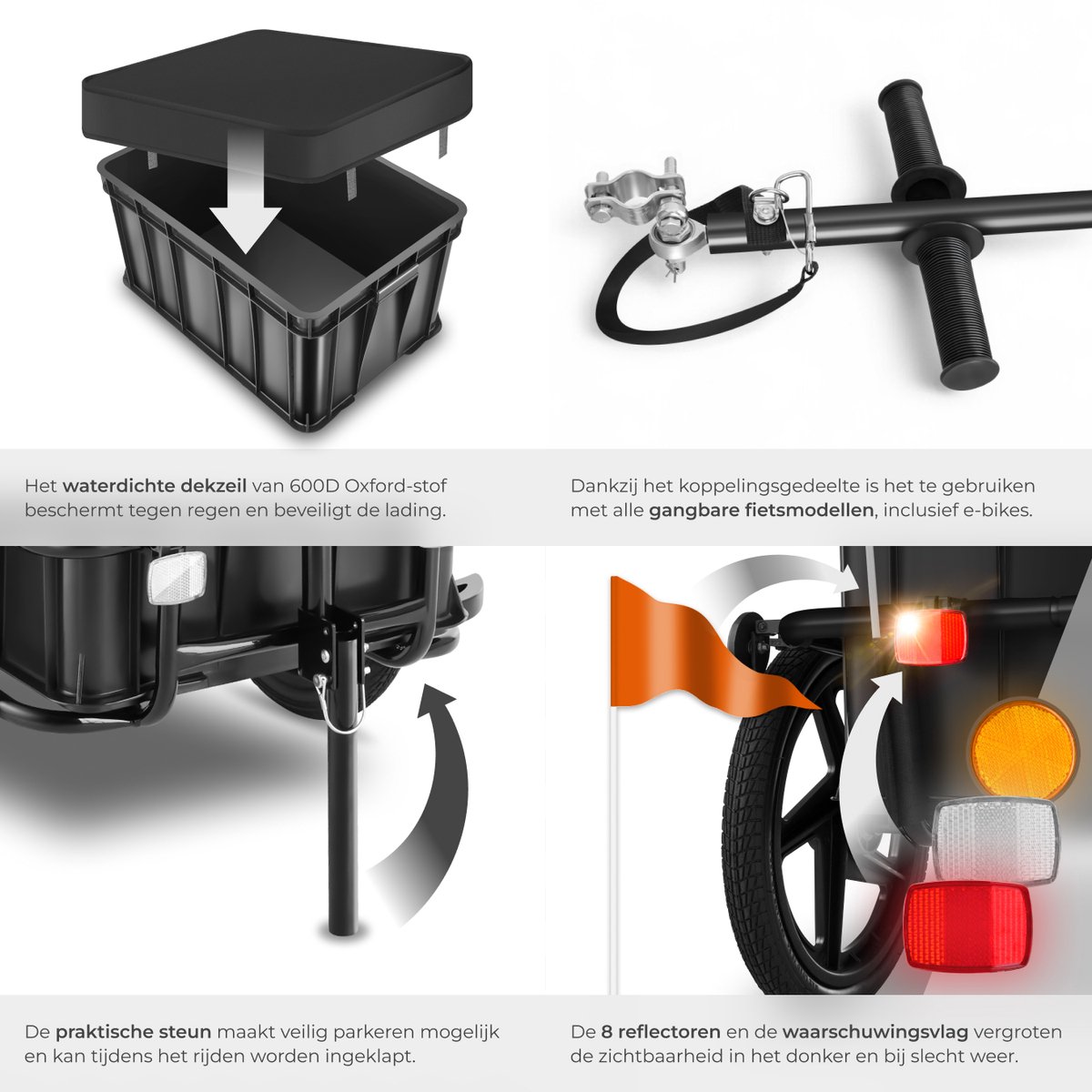 tectake® 2-in-1 Fietskar - Bagagekar en Duwwagen - Fietsaanhanger - Aanhangwagen voor Fiets, Mountainbikes en eBike - Transportwagen met Trekhaak - Met Koppeling, Zeildoek en Luchtbanden - Belastbaar tot 50kg – foto 6