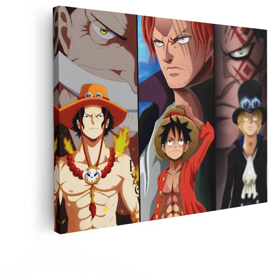 Impression sur toile des personnages d'anime Ace, Luffy, Shanks et Sabo, flottant.