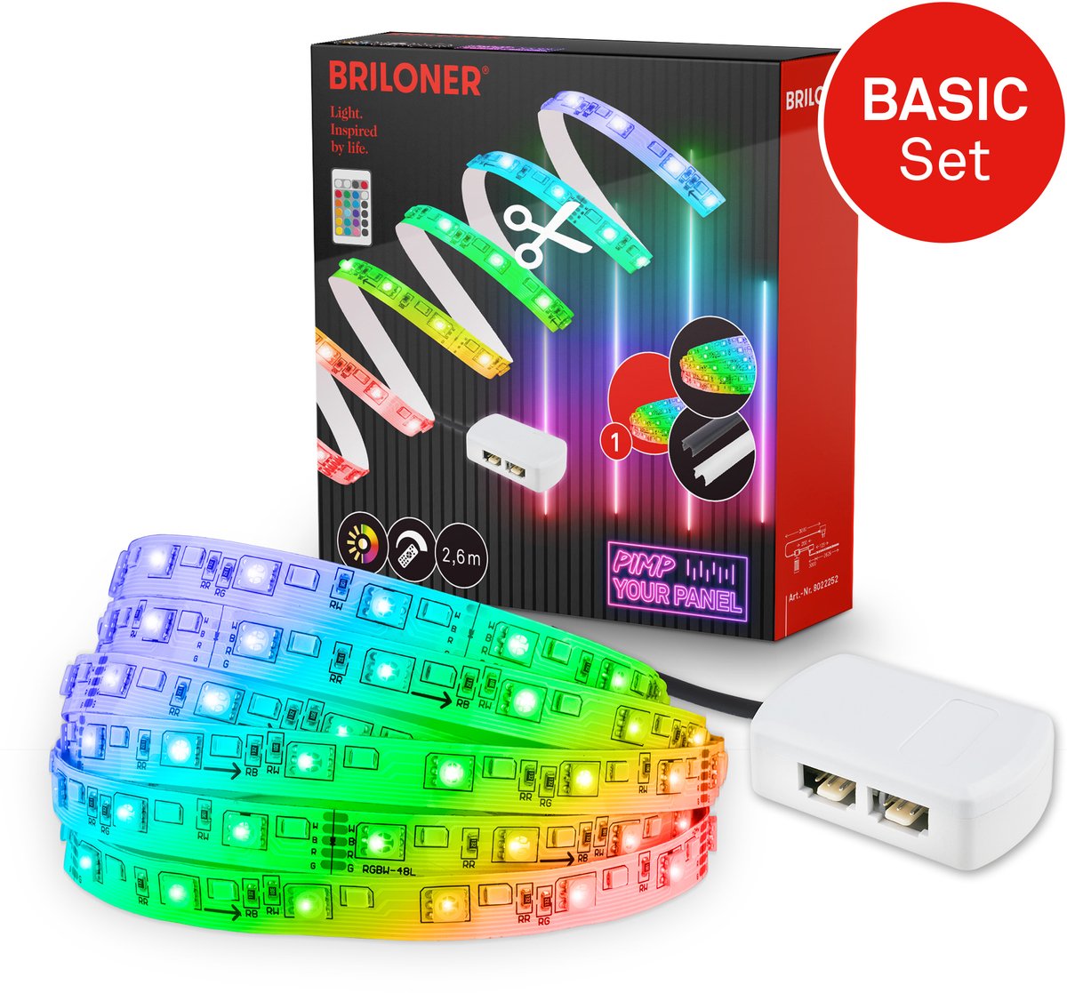 Briloner Pimp your Panel - LED Strip Starter Kit 2,6m - 8022252 - RGB Basis Set - Pimp your Panel - Driver - Afstandsbediening - Zelfklevend - 262,5 x 1 cm Wit