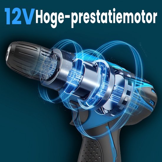 Gedetailleerde weergave van de 12V motor van de boormachine met blauwe energiebundels.