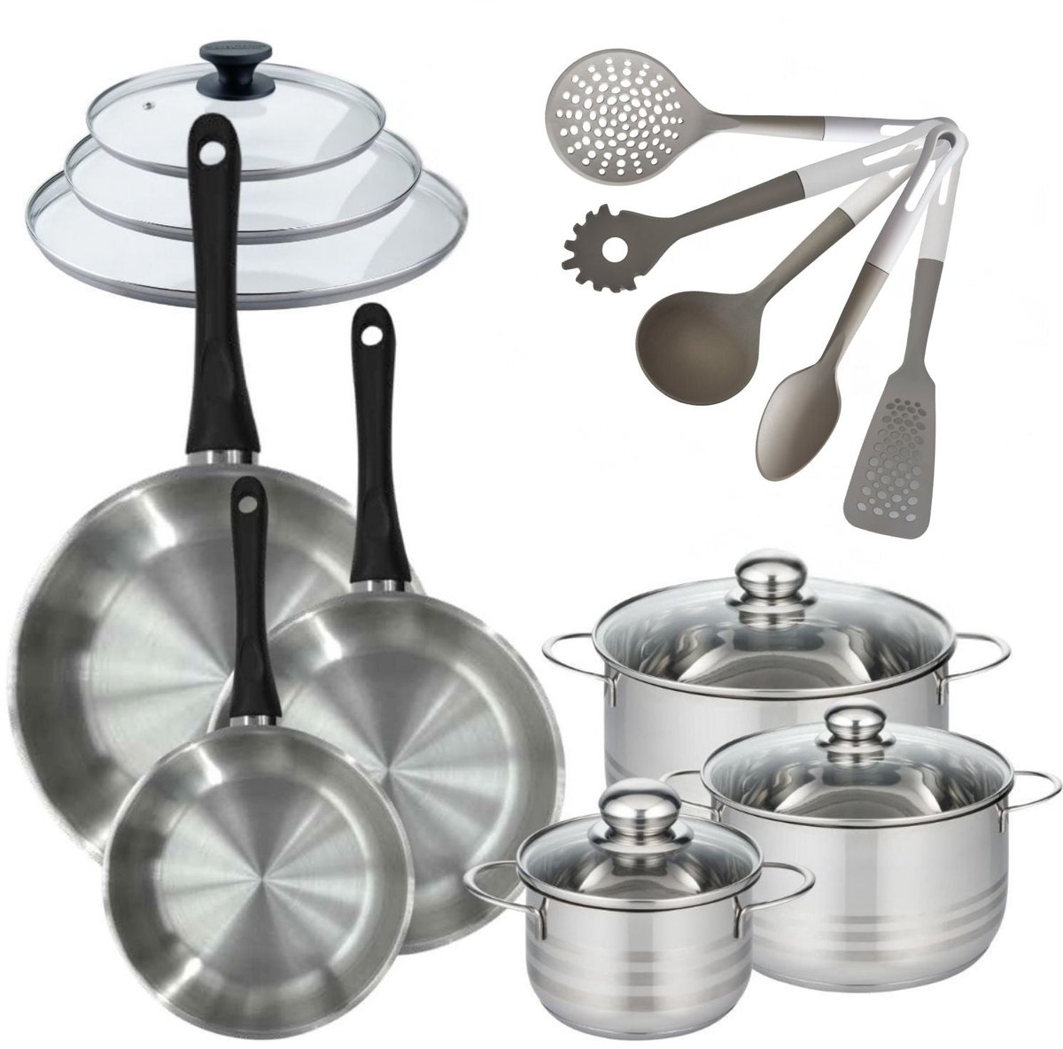 Set Pannen 20/24/28 cm Fackelmann Geneva met 3 Kookpotten 16/20/24 cm en 5 Keukengerei