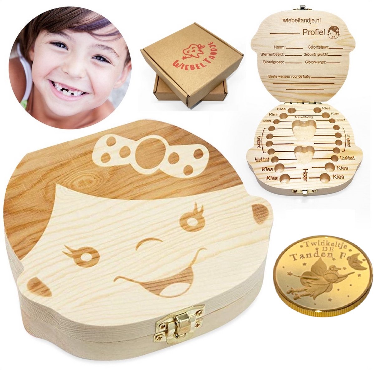 WiebelTandje Tandendoosje Meisje Hout Nederlands met XL Gouden TandenFee Munt – Houten Tandendoosje in Geschenk Verpakking - Melktanden Bewaardoosje Voor Kinderen – Haarlokdoosje Hout – Kraamcadeau – Baby Geboorte Cadeau