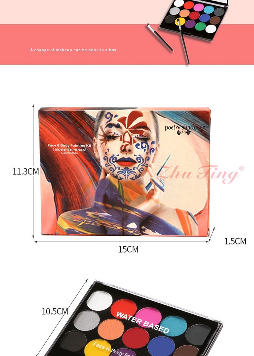 Schminkset Kinderen 15 kleuren-Veilig Schmink Kinderen -15 kleuren & 3 penselen & 4 sjablonen & diamantstickers op waterbasis- veiligheidscertificering- Schminkset - Make up Kinderen - Face paint - Grime Schmink - Kinderschmink voor mooi grimas — afbeelding 3