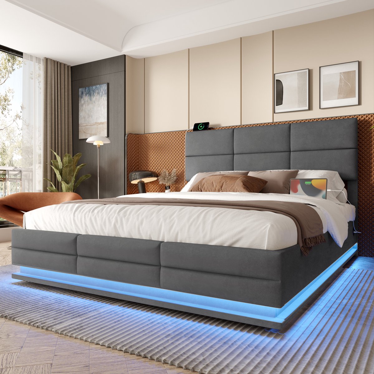 STILVORA Gestoffeerd Bed 140x200 cm – Opbergbed Met LED & USB/Type-C – Verstelbaar Hoofdbord En Hydraulische Lift – Fluweel – Zonder matras – Donkergrijs