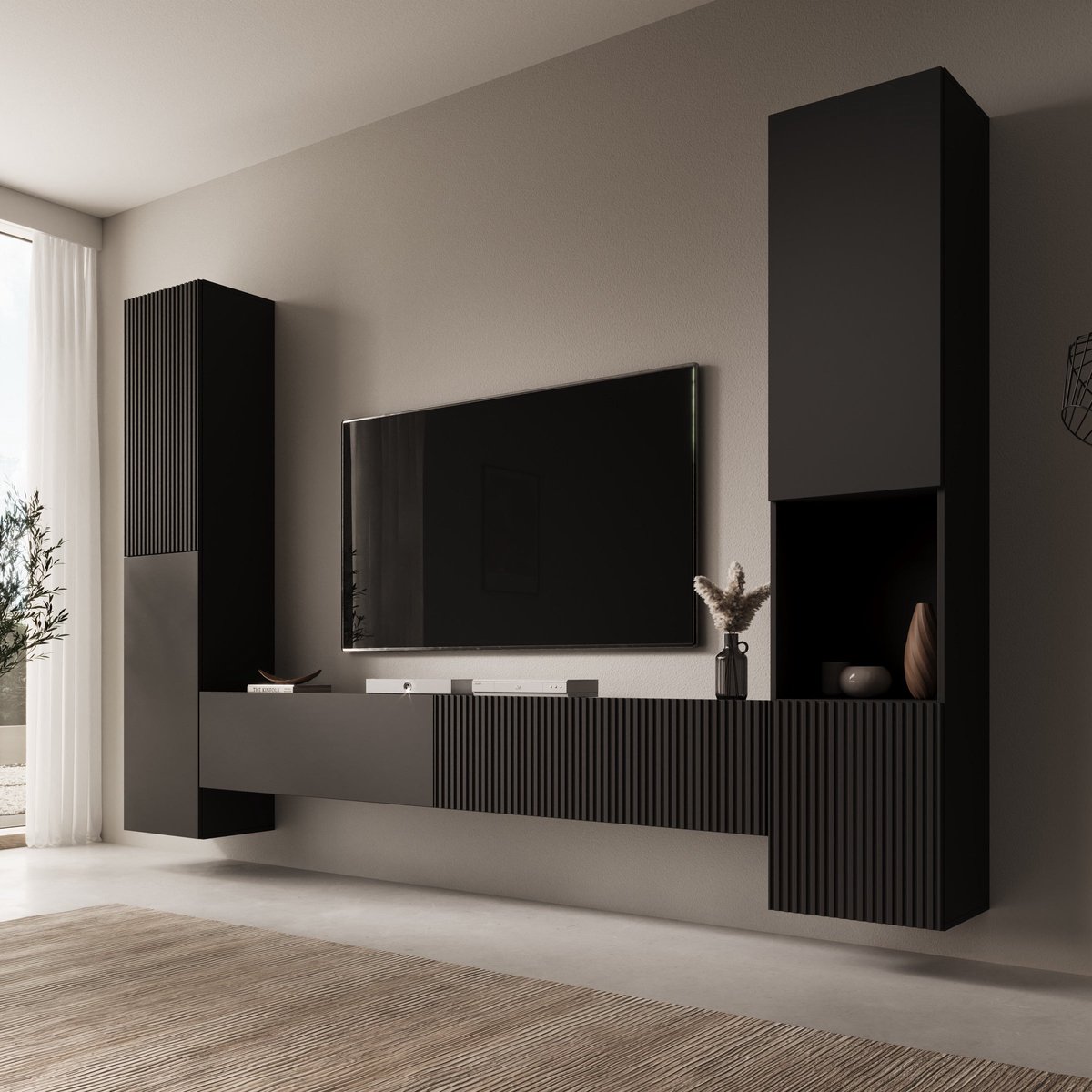 Meubella - Cruzar - Wandmeubel - Zwart - 280x30x180 cm