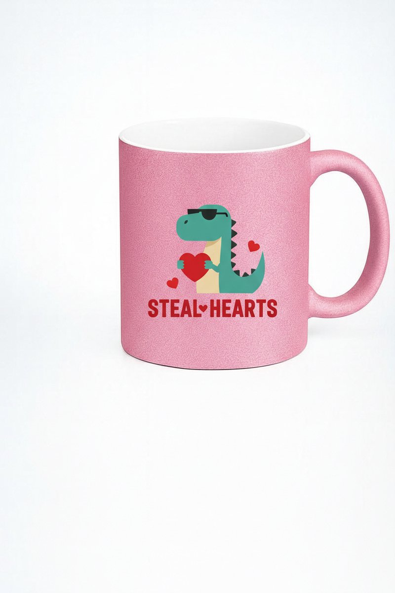 Roze Glitter Dino Mok 'Steal Hearts' - Uniek Valentijn Cadeau Beker