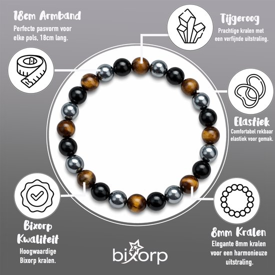 Details van een 8mm armband met zwarte onyx, tijgeroog en hematiet kralen. Elastisch en 18cm lang.