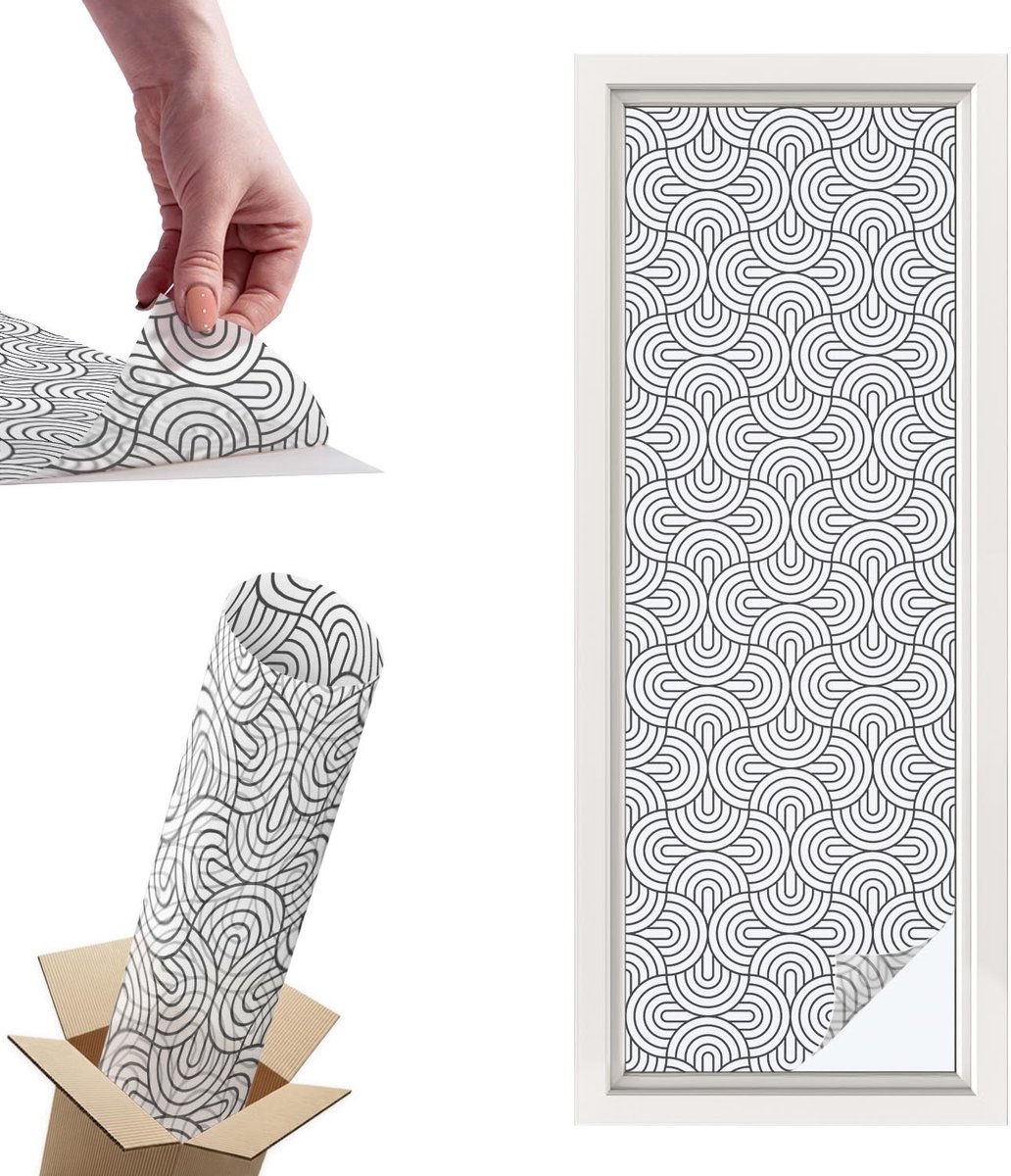 TULUP Raamfolie Anti inkijk - Geometrische halve cirkels Privacy Folie Raam - 50x146 cm - Zwart-wit Anti inkijk Folie - Raamfolie Tegen inkijk Glas in Lood - Voor de woonkamer, voor het kantoor, voor de slaapkamer - Raamfolie Zonwering Zwart-wit - Geometrische halve cirkels