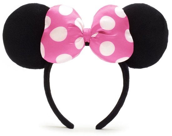 Zwarte muisoortjes op een haarband met een grote roze strik met witte polkadots.