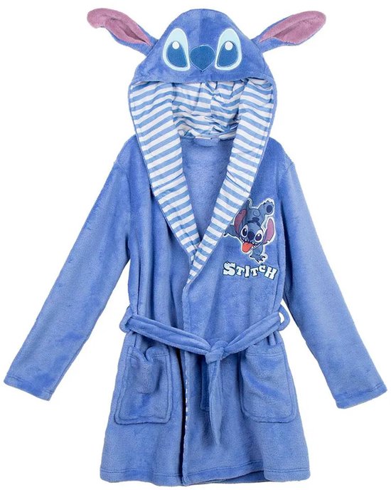 Robe de chambre bleu clair à capuche avec application Stitch, manches longues, ceinture et poches latérales.