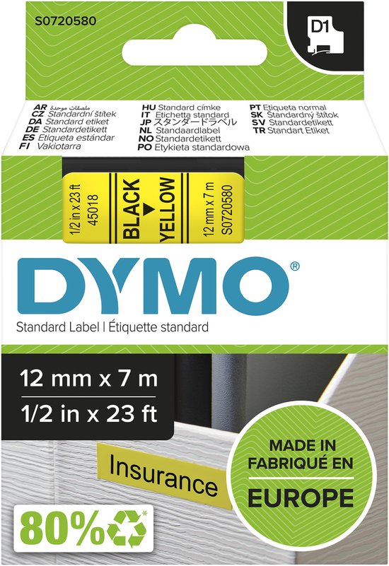DYMO D1 labelcassette met zwarte tekst op gele tape, 12mm x 7m. Verpakking toont 'MADE IN EUROPE' en 'Insurance' label.