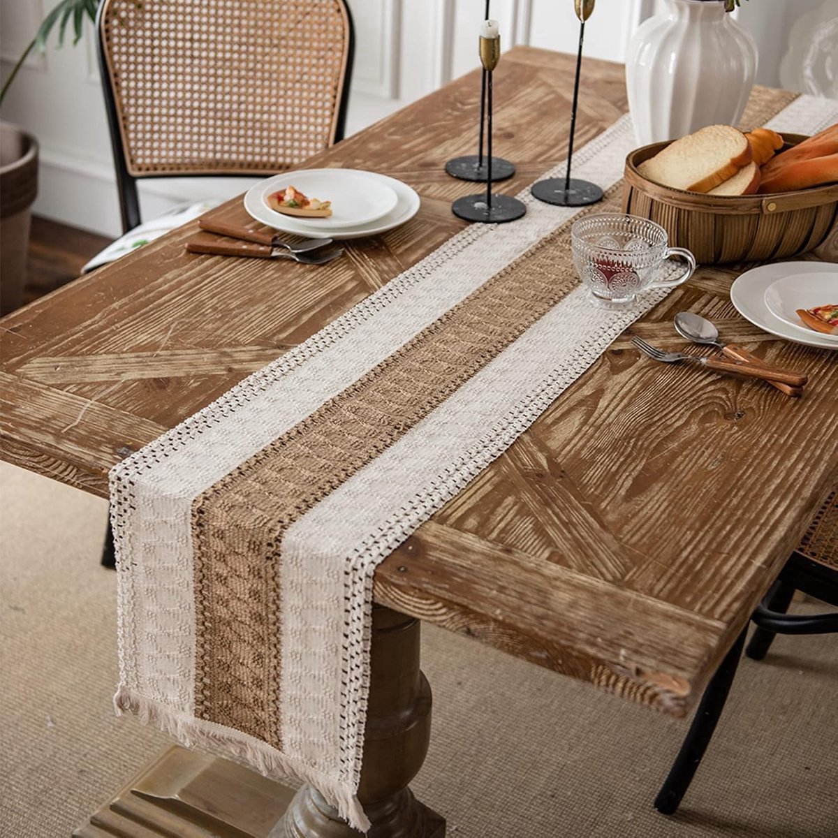 Tafelloper - Boho - Vintage - Tafellinnen - Kwastje - Wit en bruin - 30x240CM