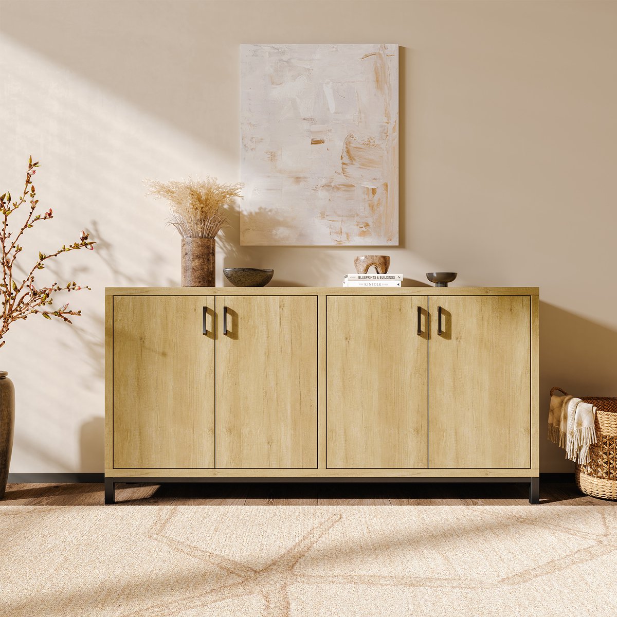 Modern Sideboard met Houtlook – Industrieel Dressoir met 4 Deuren en Zwarte Metalen Accenten