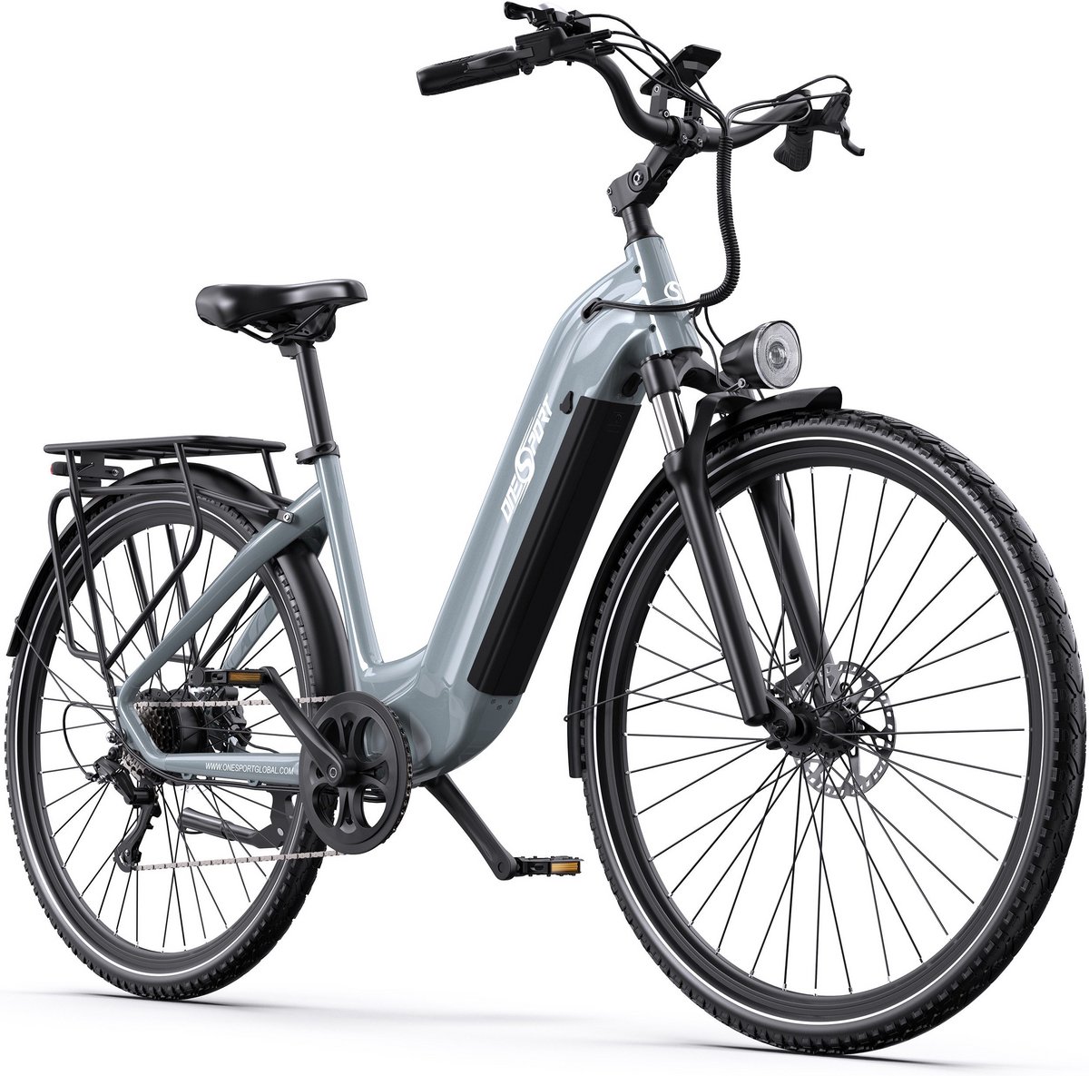 Elektrische Fiets ONESPORT OT05 - 120 km Actieradius - 36V 18.2Ah/655Wh Accu - 27.5 Inch Wielen - Shimano 7 Versnellingen - Hydraulische Schijfremmen - Aluminium Frame - LED Display & APP - Elektrische Stadsfiets - Grijs