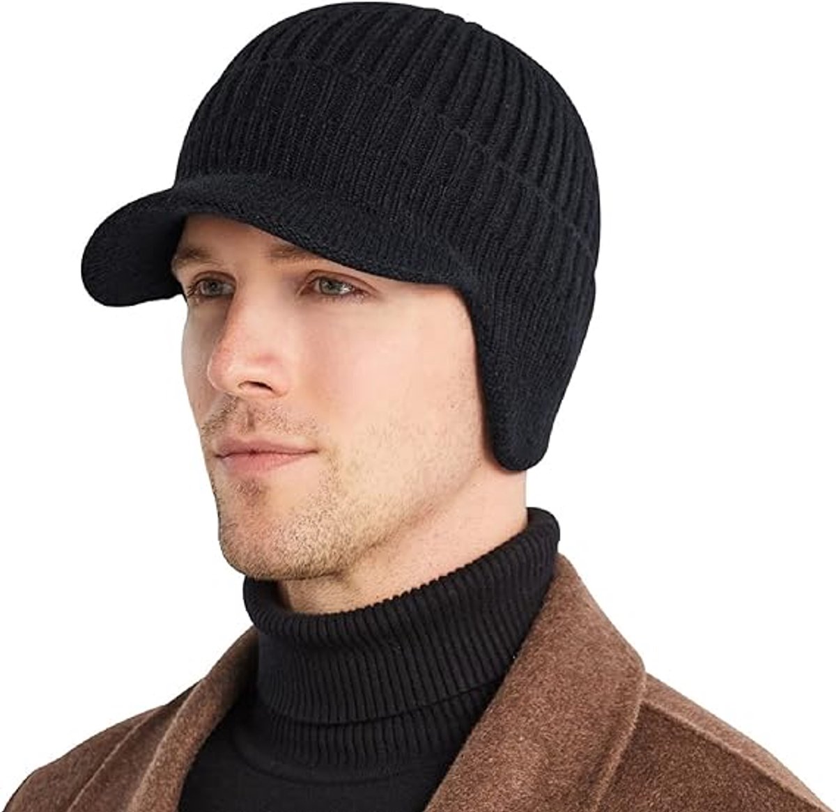 MDUG Gebreide muts voor herfst/winter - Zwart - One size (54-59 cm) - Unisex - Dikke fleecevoering - Winddicht en warm, oorklappen - Opvouwbare rand - Gebreide wollen muts met oorklappen