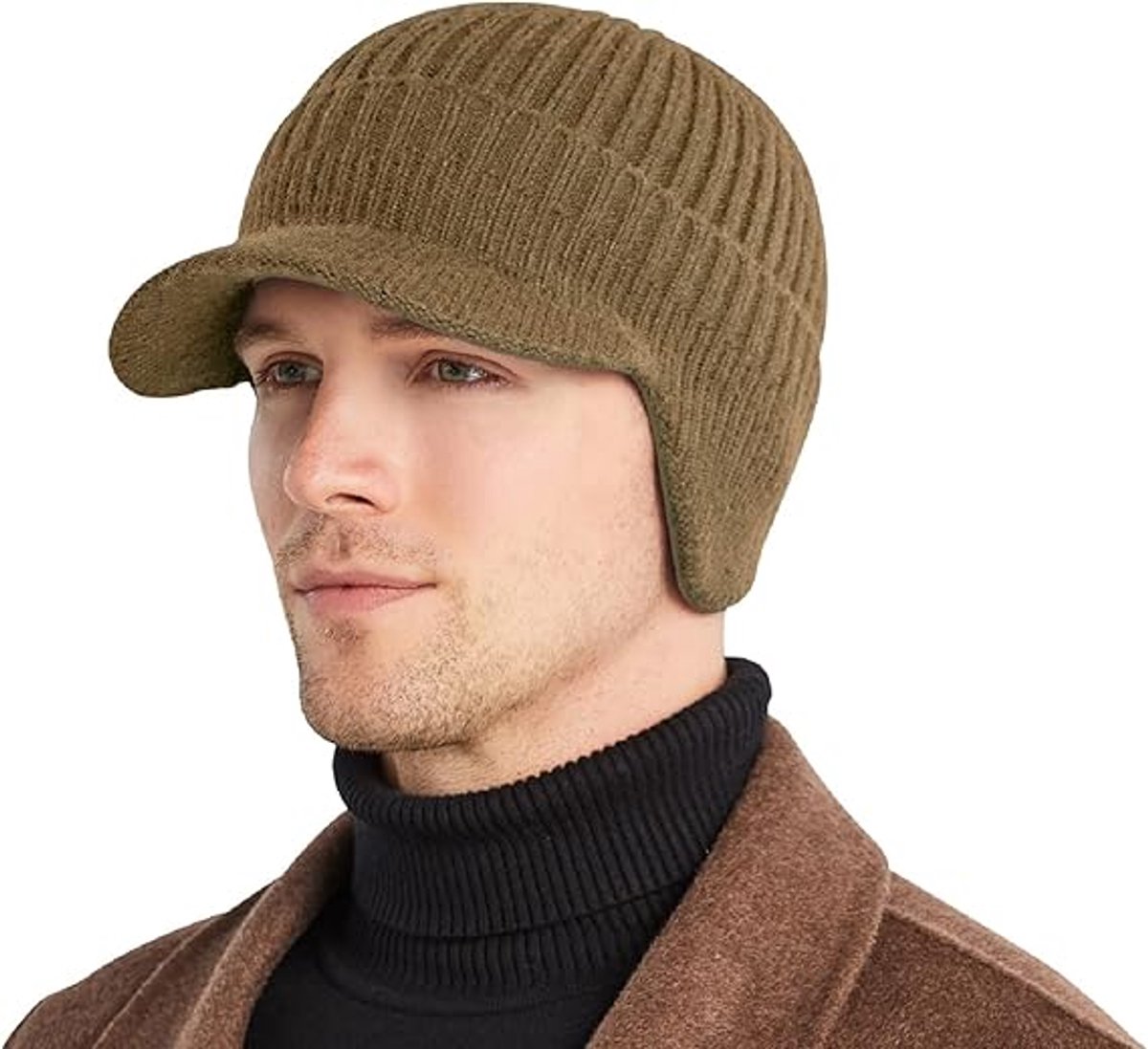 MDUG Gebreide muts voor herfst/winter - Khaki - One size (54-59 cm) - Unisex - Dikke fleecevoering - Winddicht en warm, oorklappen - Opvouwbare rand - Gebreide wollen muts met oorklappen