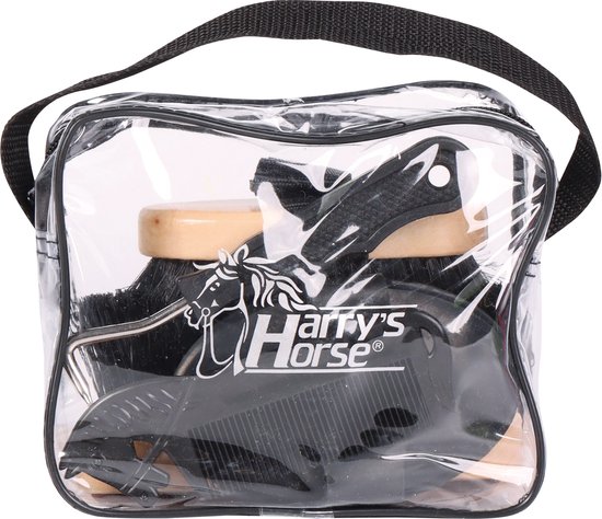 Zwarte paarden poetsset van Harry's Horse in een transparante tas met draagband.