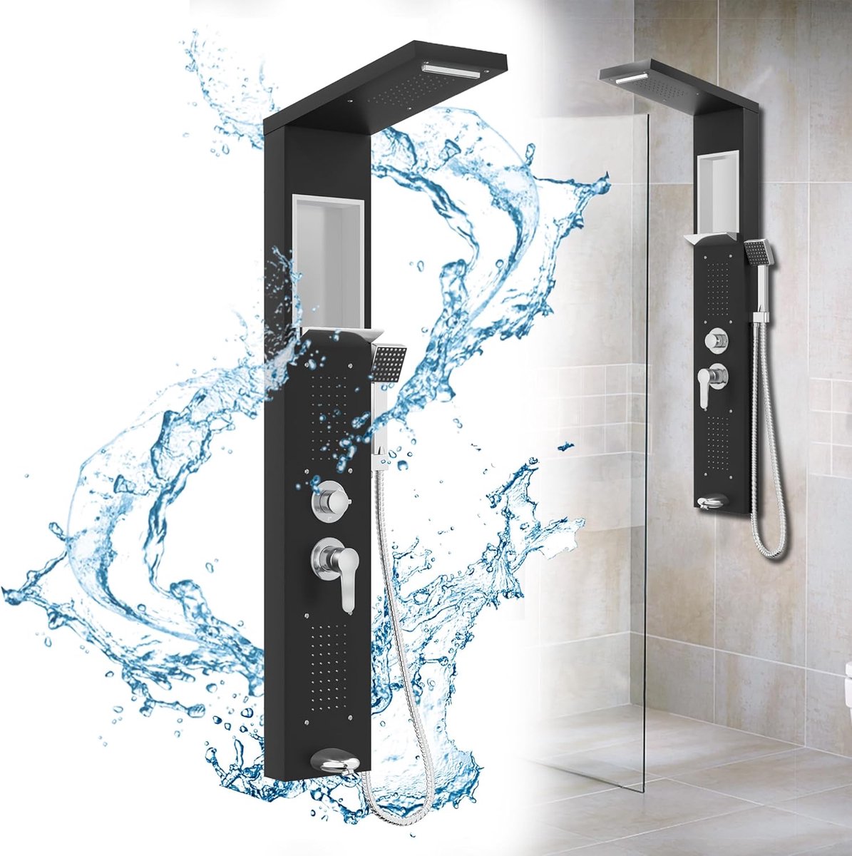 Aufun Douchepaneel RVS met planken - Geborsteld Zilver - 5-in-1 Douchesysteem met Regendouche, Waterval, Massage & Handdouche