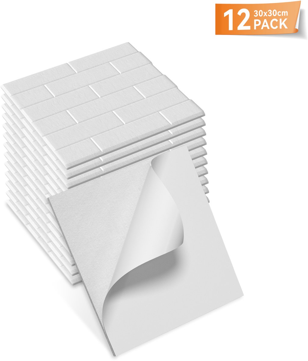 Aufun Vierkante Baksteenvormige Akoestische Panelen 30x30cm Wit - 12 Stuks Zelfklevende Wandbekleding
