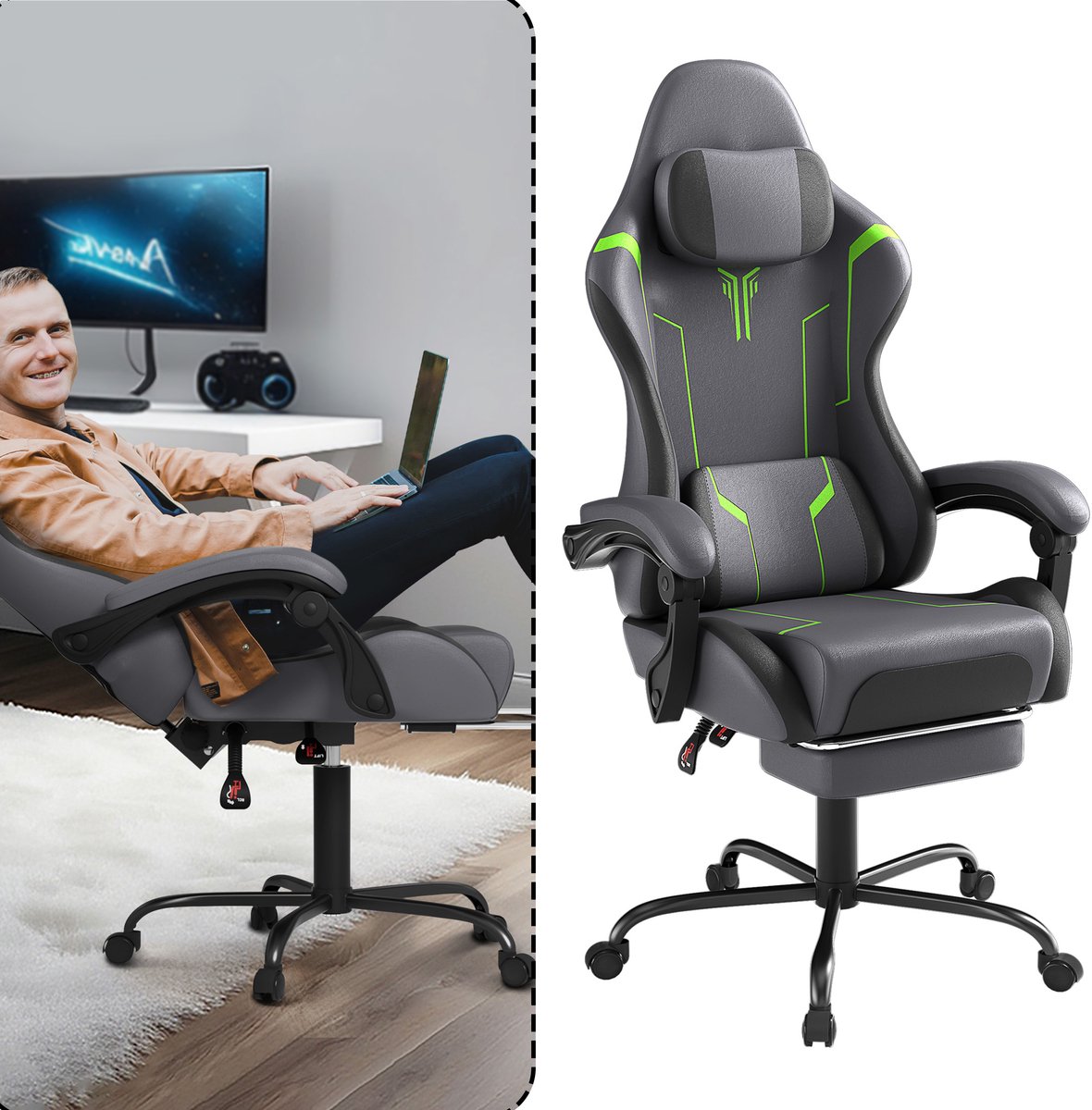 Aufun gaming stoel – ergonomische computerstoel met massage – bureaustoel met lendenkussen en voetensteun – gewatteerde armleuningen en hoofdsteun – grijs