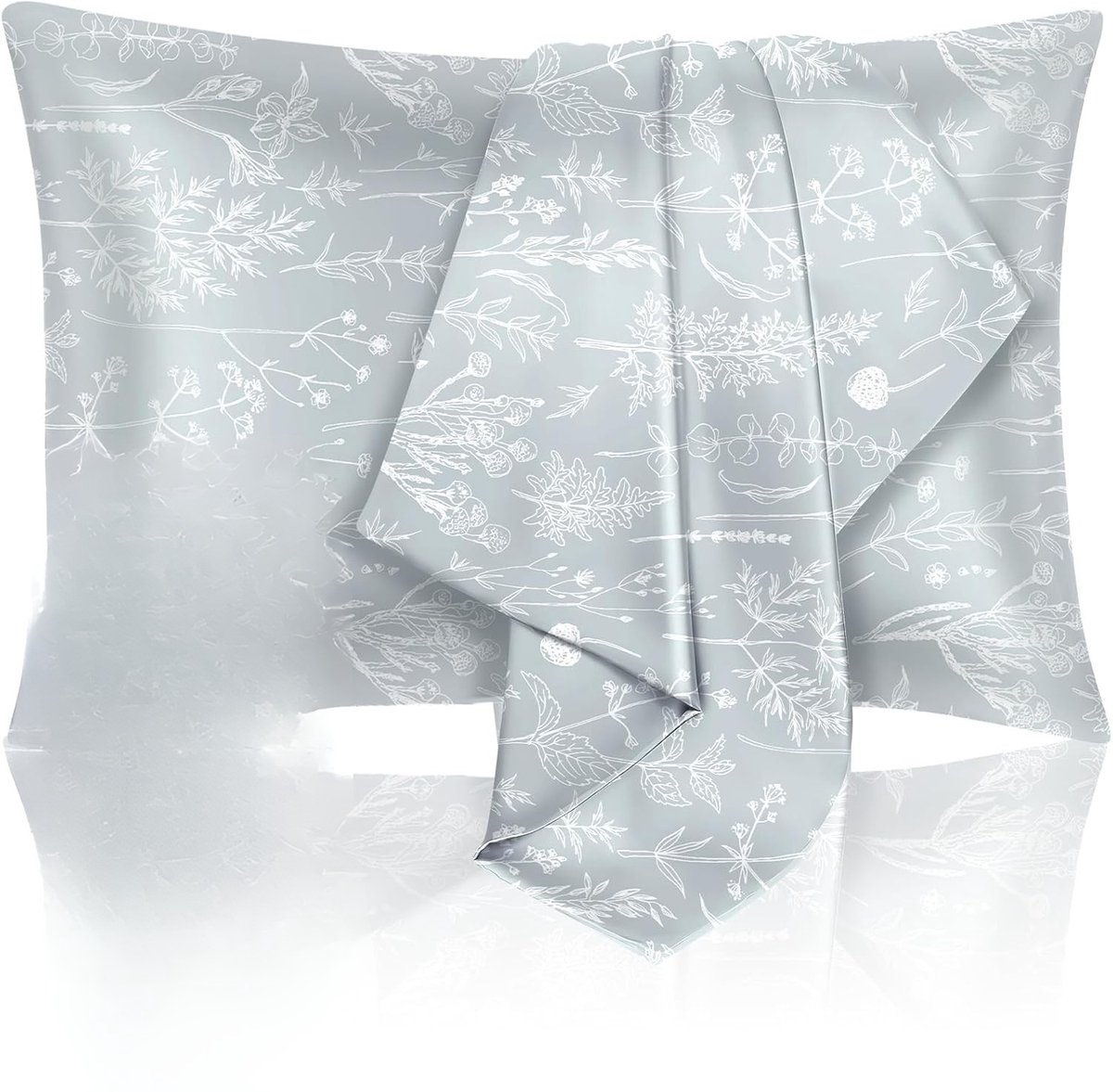 Famanu Satijnen kussenslopen 66x50 cm saliegroen bloemen set 2, zijdeachtig glad verkoelend, haar en huid, cadeau set Groene Bloem