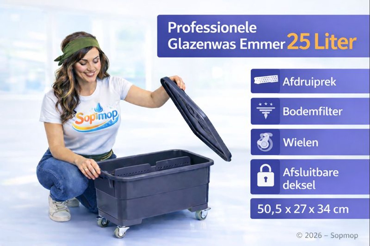 Sopmop Glazenwasser Emmer Op Wielen, Inhoud 25 liter, Bodemzeef, Materiaalrooster & Afsluitbare Deksel