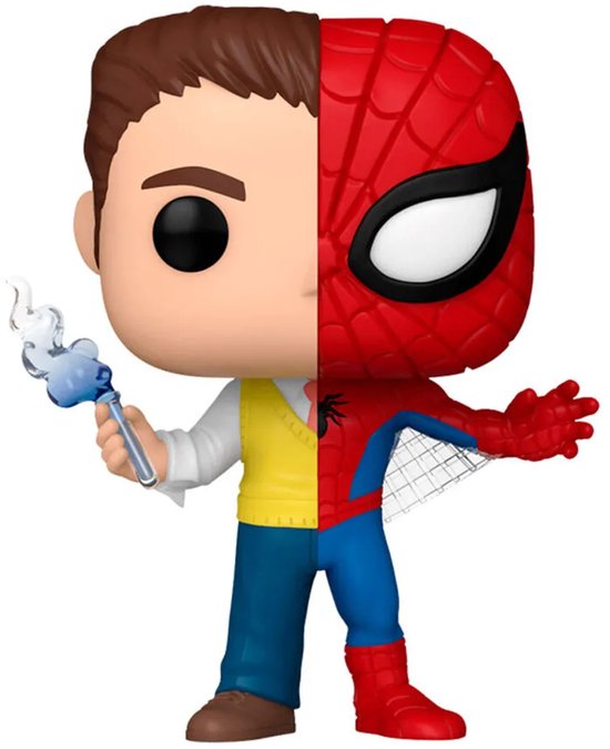 Peter Parker/Spider-Man Funko Pop #1432 met gespleten gezicht, de ene helft Peter Parker, de andere Spider-Man.