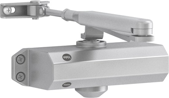 Zilverkleurige Yale deurdranger met standaard arm. Het modelnummer SR300 is zichtbaar.