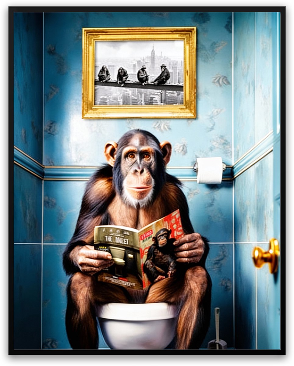 Aap Toilet Bloemen Kunstwerk - 30x40 - Foto in Lijst - Schilderij - WC