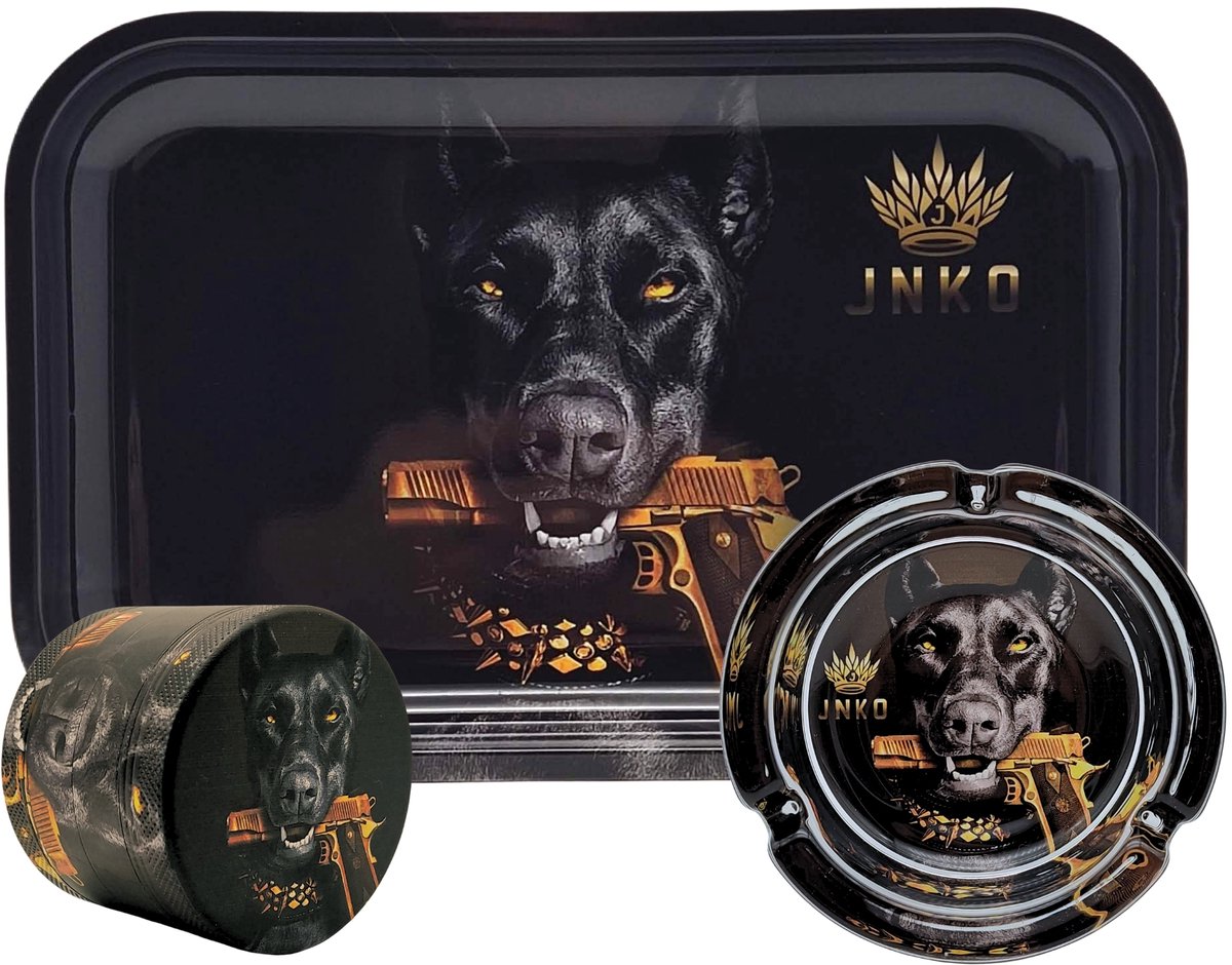 Grinder + Metalen Dienblad XXL + Asbak – 3-delige Set – Mafia Dog Design – JNKO