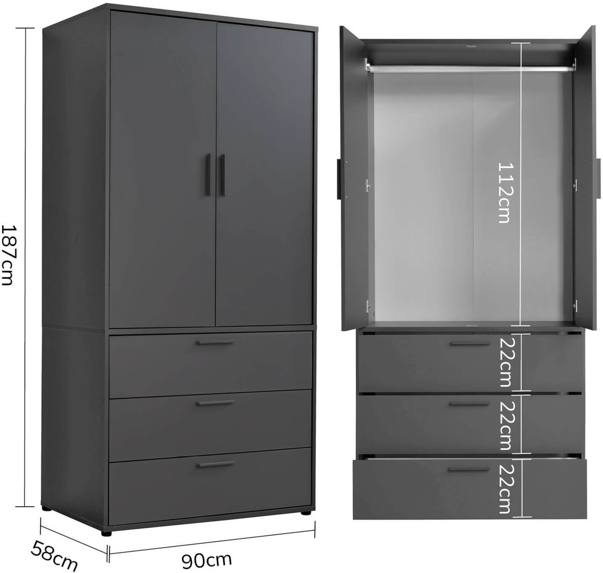mokebo Kledingkast (90x187 cm) van hout 2 deuren & 3 lades 'Der Grenzenlose', modulaire slaapkamerkast, garderobekast, halkast, draaideurkast of kast in Wit
