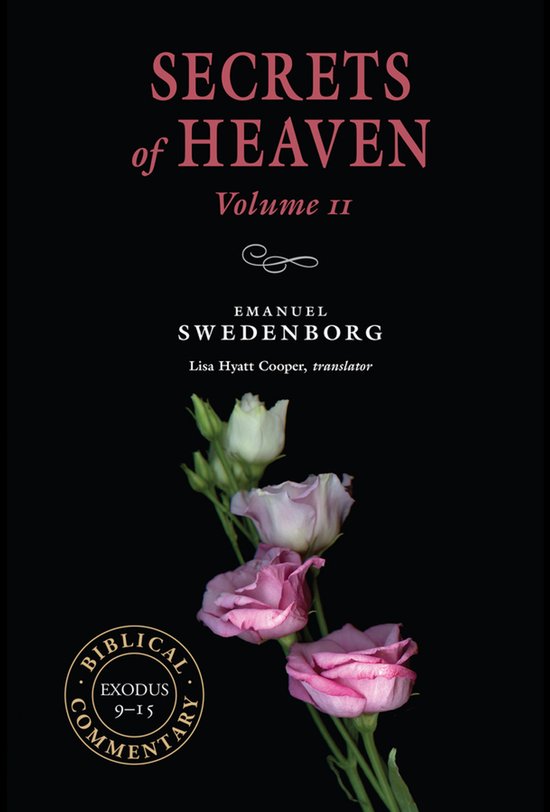 Boekomslag: Secrets of Heaven Volume II, met roze en witte bloemen op een zwarte achtergrond en een goudkleurig zegel.