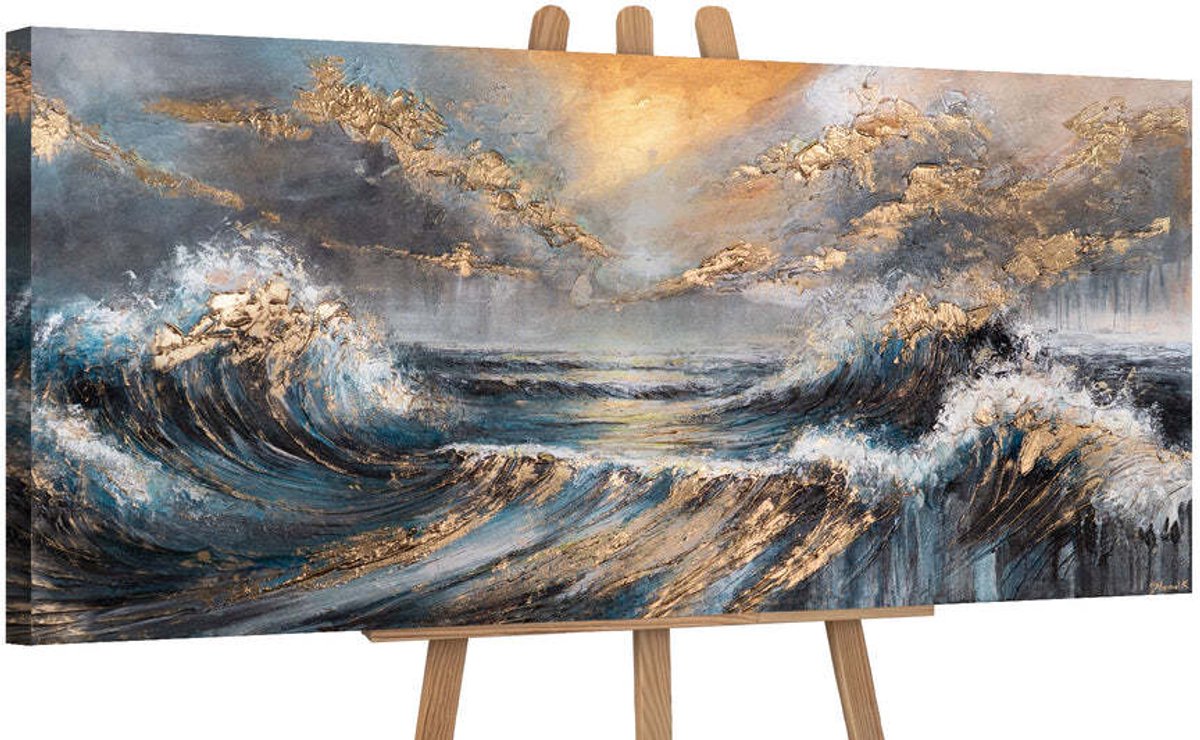YS Canvas schilderij panoramisch 115x50 handgeschilderd schijnende golven zee maritiem – YS-Art Gallery – Stralende wanddecoratie voor woonkamer – Modern schilderij voor hal