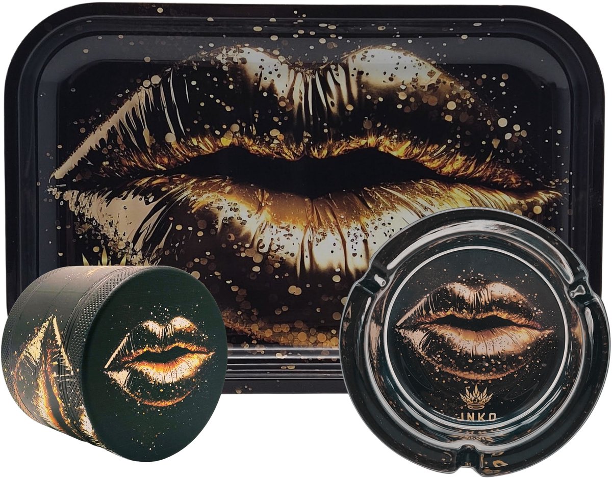 Grinder + Metalen Dienblad XXL + Asbak – 3-delige Set – Golden Lips Design – JNKO