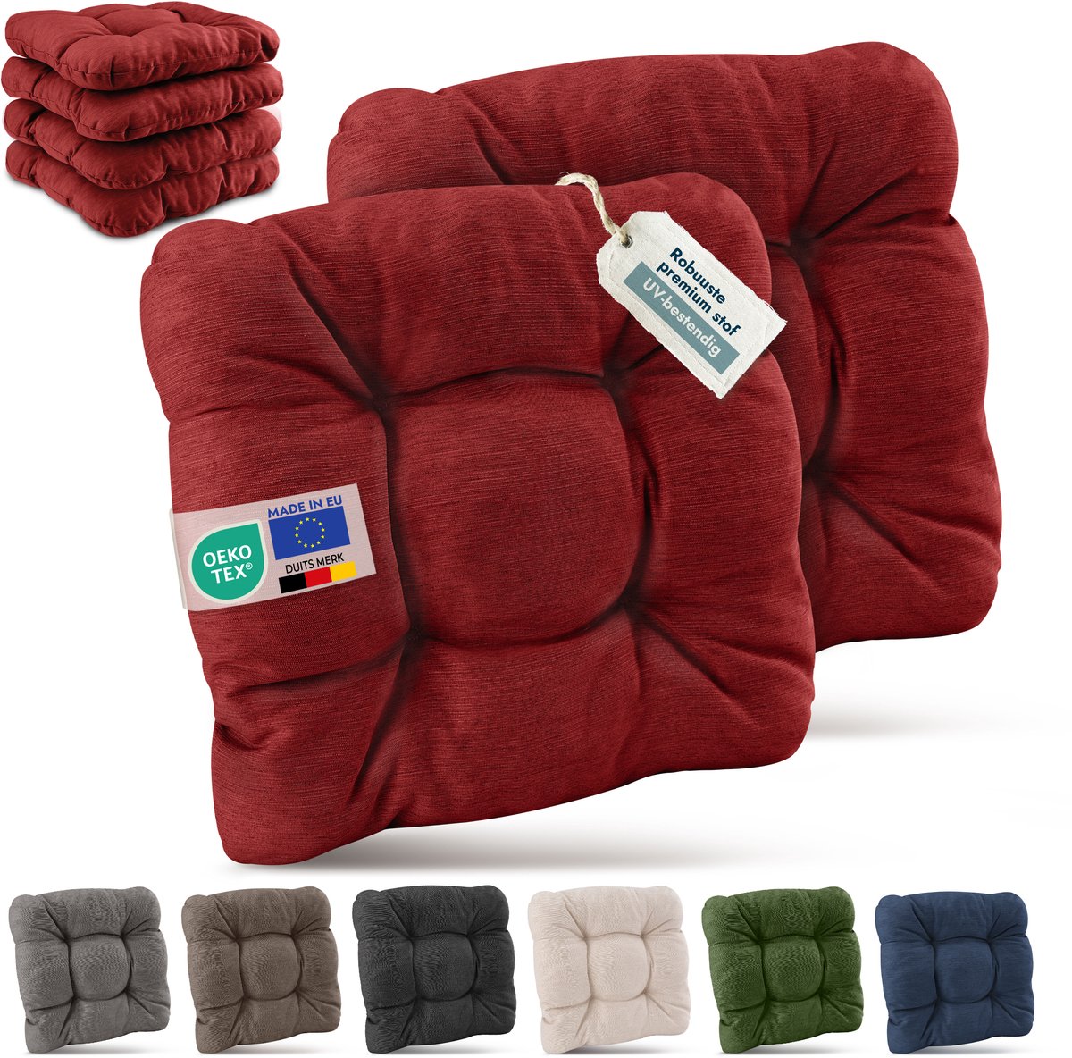 Beautissu Set van 6 Premium Stoelkussen 40x40 cm Rood – UV-bestendig & Robuuste Zitkussen Stoel Outdoor 8 cm dik Tuin Stoel Kussen voor Balkonstoel Tuinstoel Zitkussen Indoor – HighLux SK