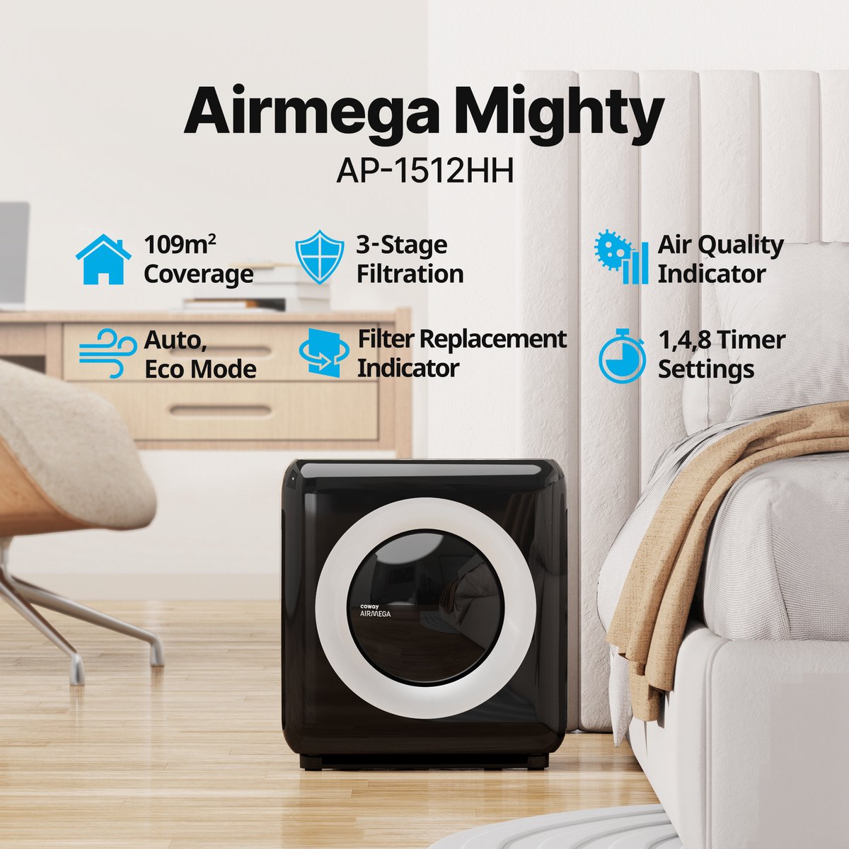 Coway ap-1512hh MIGHTY Luchtreiniger - Air Purifier - 421 m³/u - Wasbaar pre-filter + HEPA filter + geurfilter - Tegen stof, pollen, allergenen en huisdieren - Fluisterstil met slaapstand - Wirecutter Top Pick - Zwart — afbeelding 2