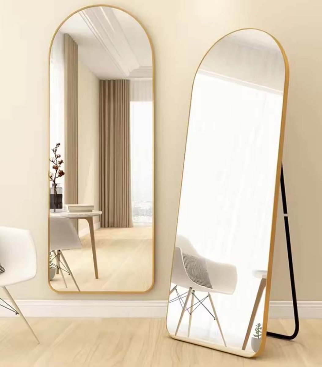 SERALUXE Passpiegel - 160x50cm Goud - Arch Spiegel - Gebogen - Aluminium Frame HD Mirror - Staande Spiegel - Afgeronde Rand - Ovale Randen - Vrijstaande Spiegel - Hangspiegel Met Haken - Kleedkamer Spiegel - Wandspiegel - Veiligheidsglas