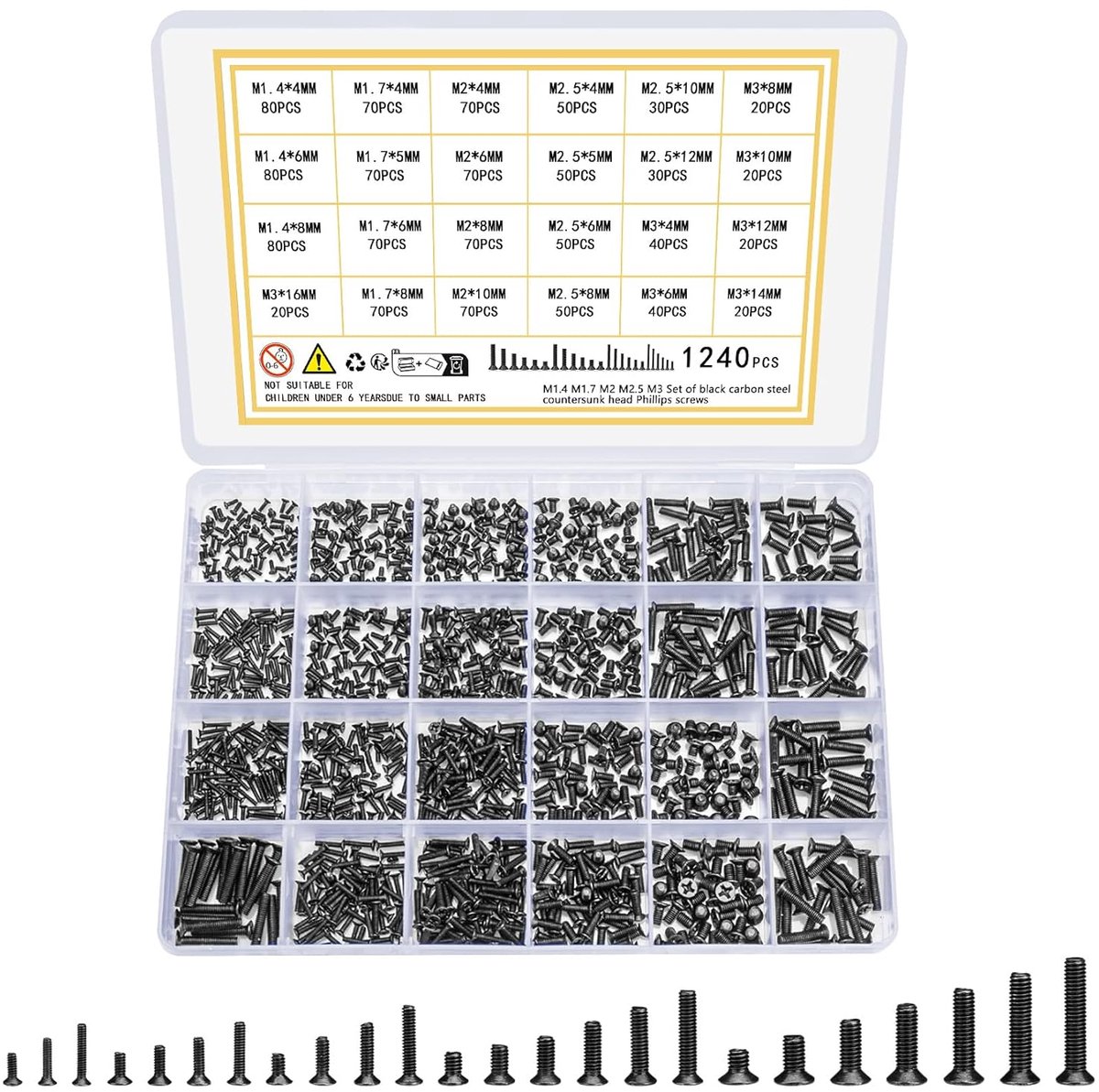 Famanu – Microschroeven en kleine machineschroeven assortiment, verzonken kop, ideaal voor elektronica, brillen, horloges en precisiewerk (1240 stuks)
