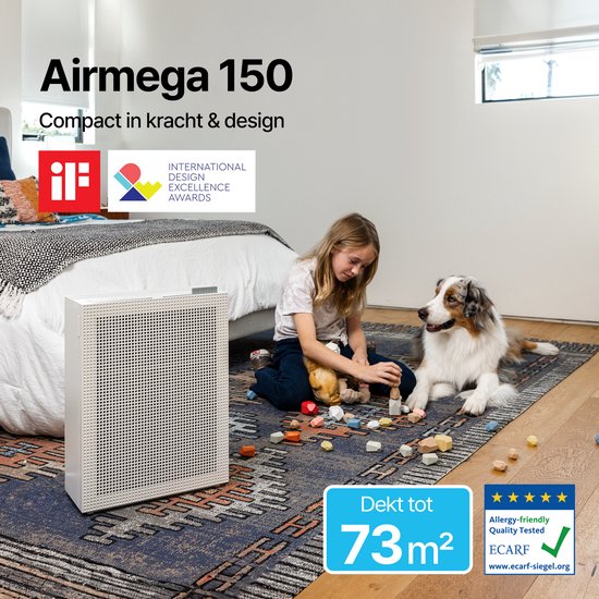 Coway Airmega 150 Luchtreiniger - Air Purifier - 281 m³/u - Wasbaar pre-filter + HEPA filter + koolstoffilter - Verwijdert tot 99,97% van ultrafijne deeltjes - Tegen stof, pollen en allergenen - Fluisterstil (20 dB) - ECARF & Quiet Mark - Wit