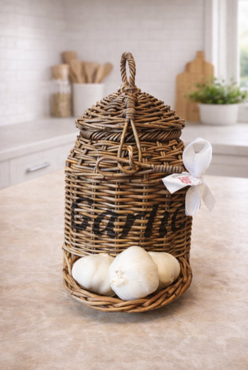 Rieten Knoflookmand - Ø15xH26 cm - Srimit Grey Riet - Landelijke Keuken Opberger - Decoshoppen.nl