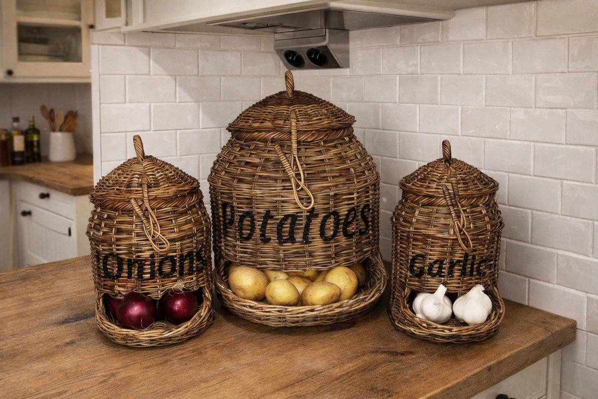 Rieten Keukenset 3-delig - Aardappelmand, Uienmand & Knoflookmand - Srimit Grey Riet - Landelijke Stijl - Decoshoppen.nl