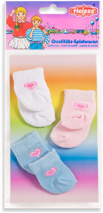 Drie paar poppensokken, wit, roze en lichtblauw, in verpakking met kinderillustratie.
